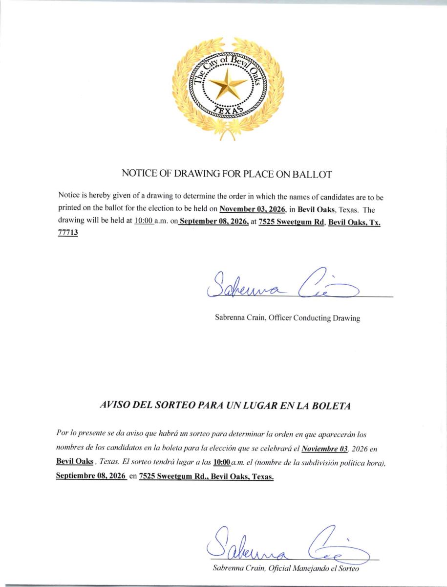 Notice of Ballot Drawing 9/08/2026
