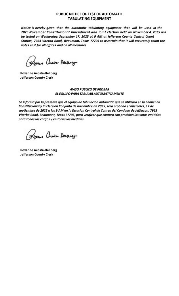 Notice of Tabulation Equipment Testing 9/17/2025